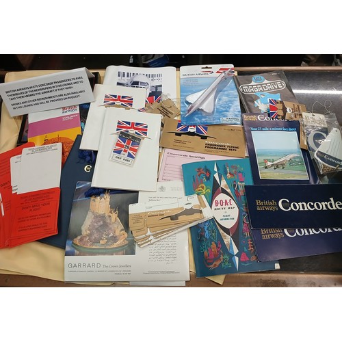 82 - A box of Concorde related ephemera including baggage labels, menus, model plane, etc