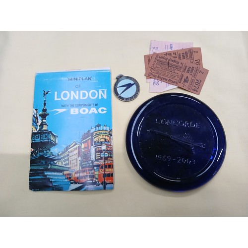 82 - A box of Concorde related ephemera including baggage labels, menus, model plane, etc