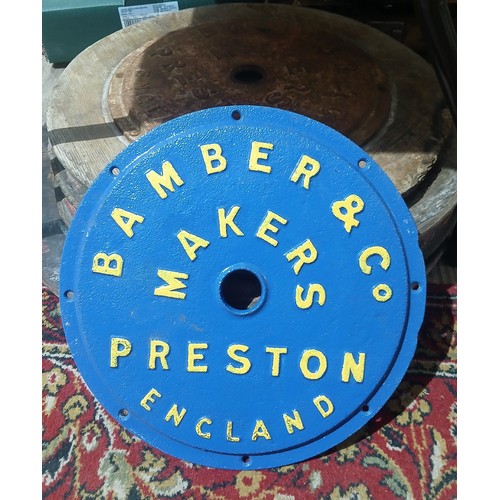 328 - A group of Preston related barrel lids including two cast iron and three wooden.