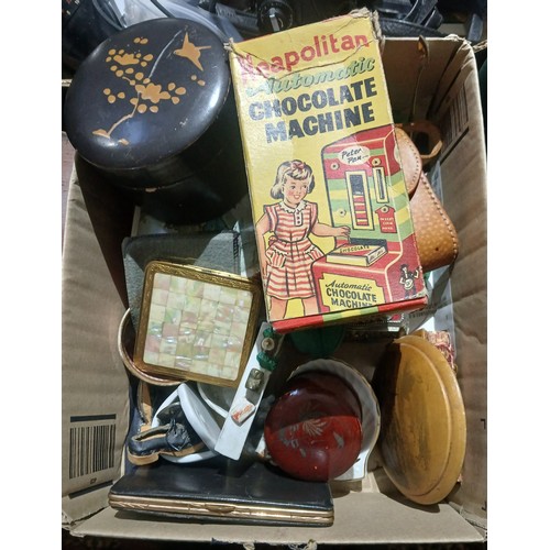 329 - A box of assorted collectables including a Neapolitan Automatic Chocolate Machine, a vintage compact... 