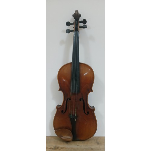 339 - An antique violin, unmarked, two piece back, length 360mm.