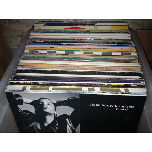 490 - A box of around 110 12 inch dance records from the 80's and 90's to include house, techno and electo... 