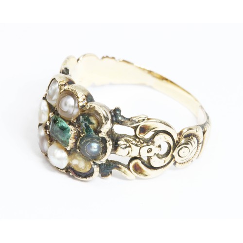 20 - A Georgian green paste and pearl ring, monogrammed ER to band otherwise unmarked, gross weight 5.5g,... 