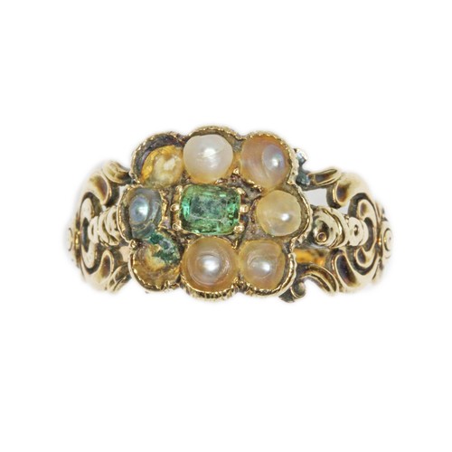 20 - A Georgian green paste and pearl ring, monogrammed ER to band otherwise unmarked, gross weight 5.5g,... 