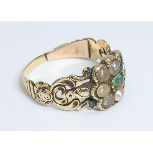 20 - A Georgian green paste and pearl ring, monogrammed ER to band otherwise unmarked, gross weight 5.5g,... 