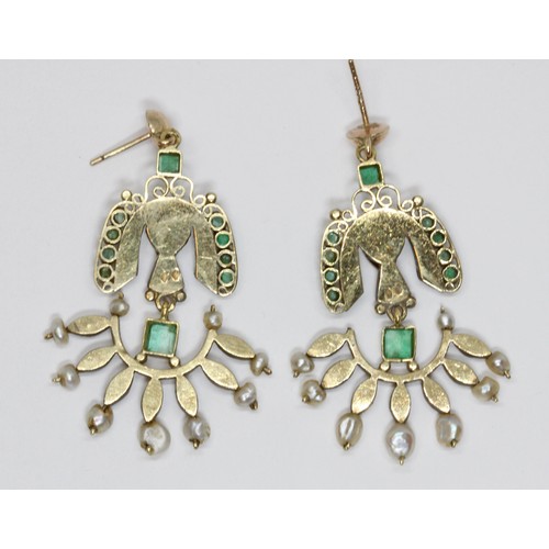 26 - A PAIR OF ANTIQUE EGYPTIAN REVIVAL DROP EARRINGS, set with emeralds, rose cut diamonds and pearls, y... 