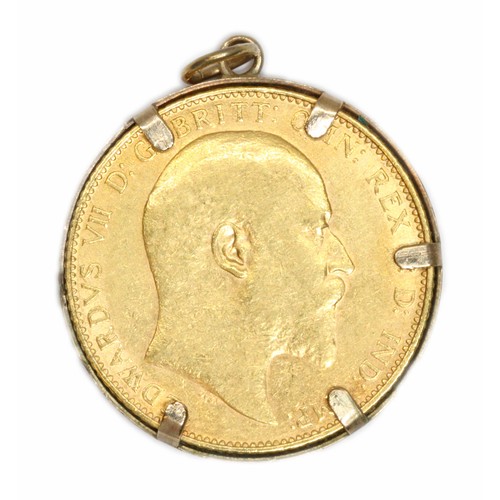 38 - Edward VII 1906 sovereign, yellow metal pendant mount, gross weight 8.9g.