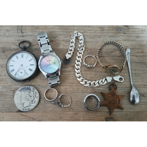 276 - A mixed lot including a ladies 9ct gold wristwatch, a silver pocket watch, a curb link bracelet mark... 