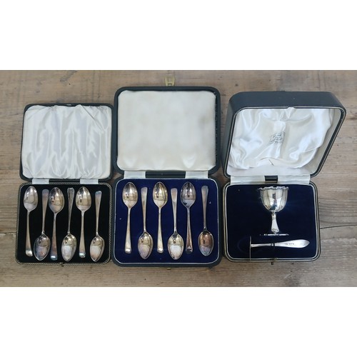 503 - Three cased sets of hallmarked silver comprising two sets of teaspoons and a christening set, non ma... 