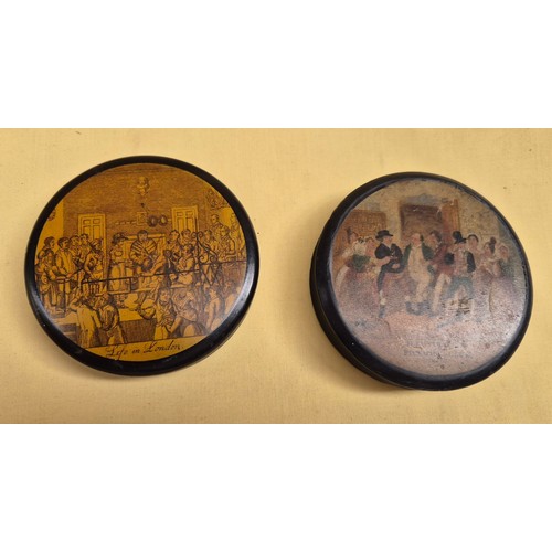 Two 19th century papier mache snuff boxes depicting Life in London and ...