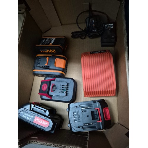 73 - A box of 18v and 20v cordless batteries and chargers - 2 x Worx batteries plus 1 chargers; BMC lawnm... 