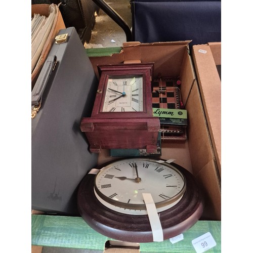 99 - A mixed lot comprising a backgammon set, a chess set, Rowney Pastels and two wall clocks.
