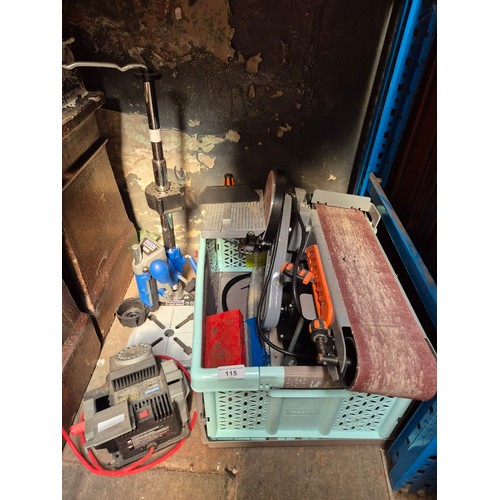 115 - A Dremel working station, Plasplugs drill sharpener,  a terratek belt and disc sander and grinding w... 