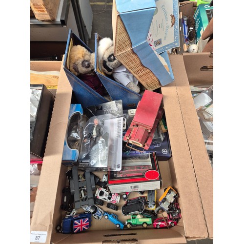 87 - A box of toys to include used toy cars, Matchbox and Corgi, Han Solo figure, Sylvanian families, Mee... 
