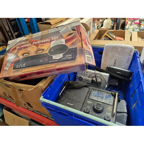 142 - 3 shelves (9 boxes) of electrical items including hifi, radios, Yamaha portasound, Sharp record deck... 