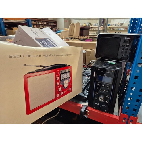 142 - 3 shelves (9 boxes) of electrical items including hifi, radios, Yamaha portasound, Sharp record deck... 