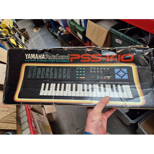 142 - 3 shelves (9 boxes) of electrical items including hifi, radios, Yamaha portasound, Sharp record deck... 