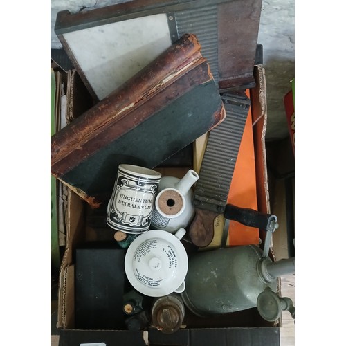 402 - A box of assorted vintage pharmaceutical equipment.