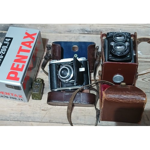 443 - A Microflex medium format camera, Ensign, a Coronet Midget and a Pentax A70-200mm F4 lens.