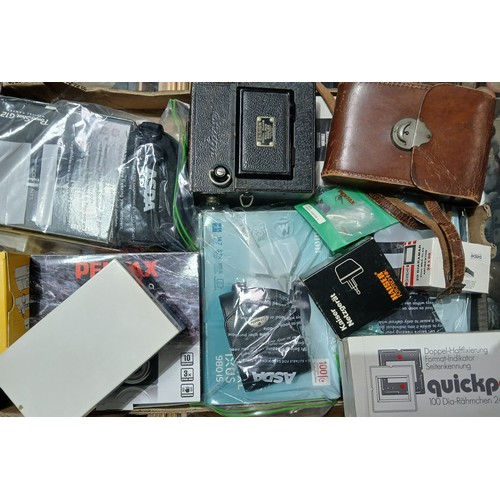 449 - A box of assorted cameras and accessories, tripod and monopod.