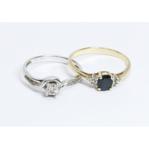 130 - A diamond and sapphire ring marked '14K', weight 1.9g, together with a diamond ring marked '375', we... 
