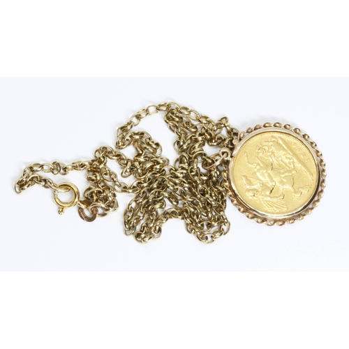 A Victoria 1894 half sovereign, 9ct gold pendant mount and 50cm 9ct ...