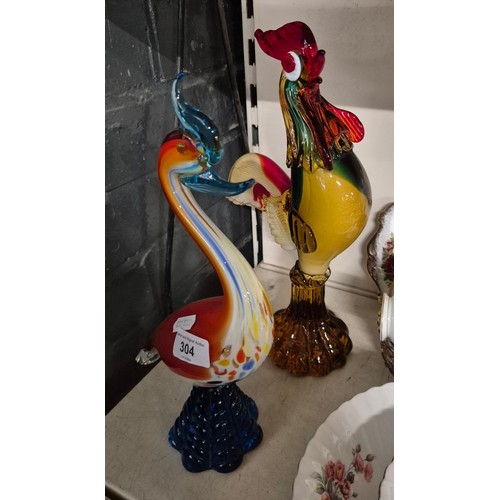304 - Art glass - 2 large pieces - a cockerel approx 34cm high and a bird approx 32.5cm high