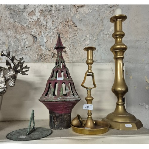 336 - A group of assorted vintage metal items comprising of a brass sundial, an ornate lead pipe cap & 2 b... 