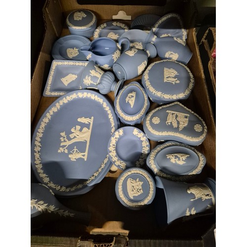 307 - A box of assorted blue Wedgwood Jasperware.