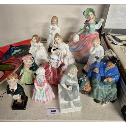 348 - !! figurines, mainly Royal Doulton, including Tuppence a Bag, and Oliver Twist