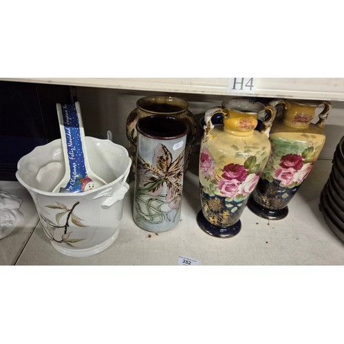 352 - A collection of 2 planters, 4 vases, and a ceramic spoon