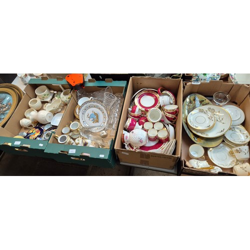 424 - Four boxes of mixed ceramics and glass including Belleek, Noritake, Wedgwood, Coalport Jug and three... 