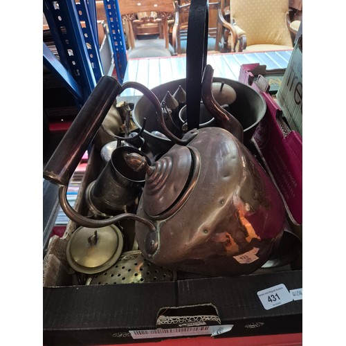 431 - A box of metal ware including Copper kettle, brass jam pan, pewter tankards etc.