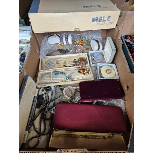 438 - A box of assorted vintage costume jewellery & watches to include sphinx brooch, Art Deco hematite ne... 
