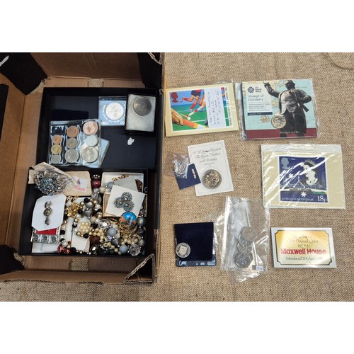 458 - A group of assorted coins, fdc's & a box of various costume jewellery.