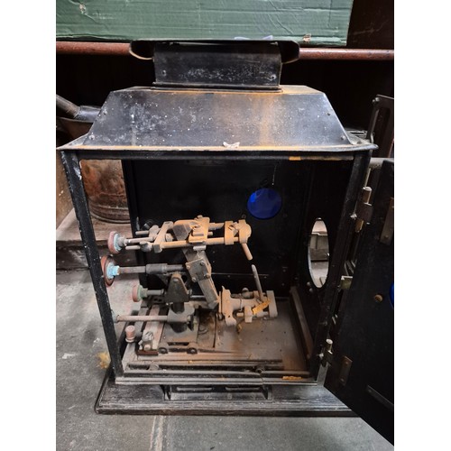 56 - A Tyler  Apparatus Magic Lantern slide projector, a brass coal bucket, and a set of bellows