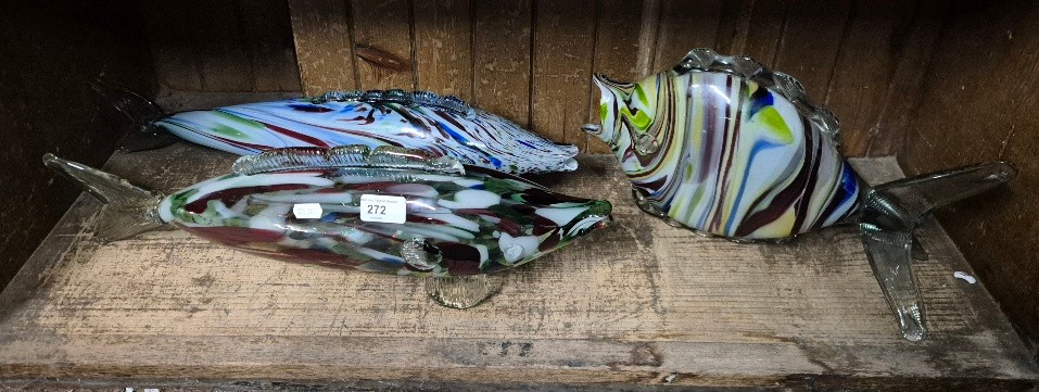 3 multi-coloured glass fish - largest approx 53cm