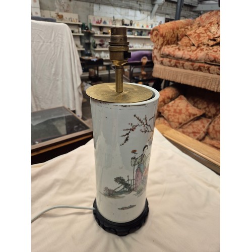 18 - A pair of table lamps made from Chinese vases featuring female figures