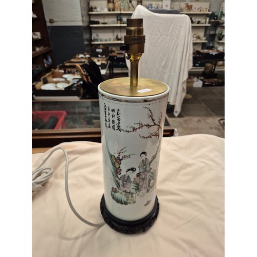 18 - A pair of table lamps made from Chinese vases featuring female figures