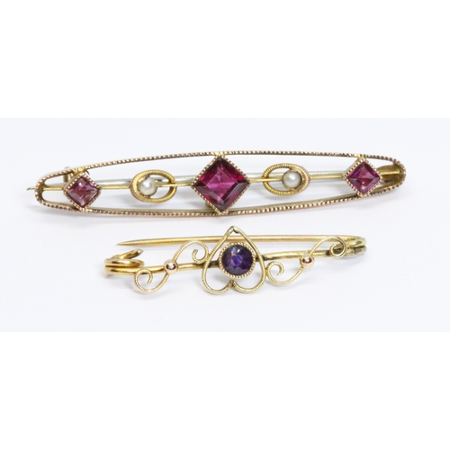 10 - A hallmarked 9ct gold garnet and seed pearl brooch and another unmarked, lengths 45mm and 30mm respe... 