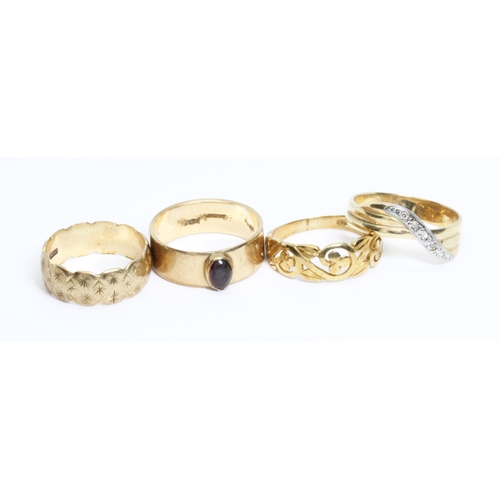 147 - A group of four hallmarked 9ct gold rings, gross weight 10.5g, size K & N.