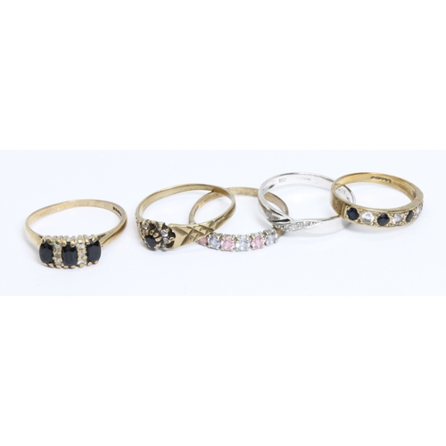 149 - A group of five assorted hallmarked 9ct gold rings, gross weight 8.3g, size M - P, 10% buyer's premi... 