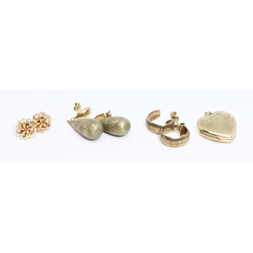 16 - Three pairs of earrings, unmarked, and a hallmarked 9ct gold locket, gross weight 6.7g.
