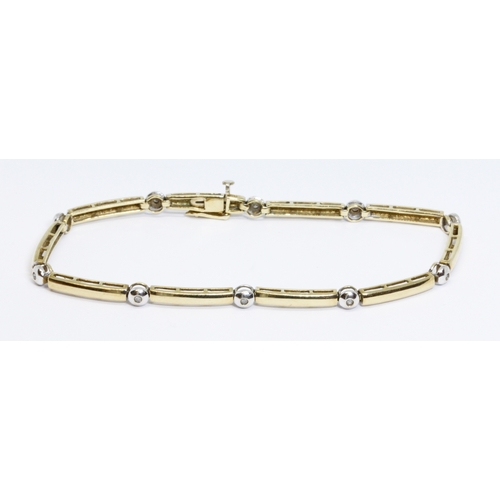 23 - A 9ct two colour gold diamond bracelet, convention marks, length 19cm, gross weight 7g.