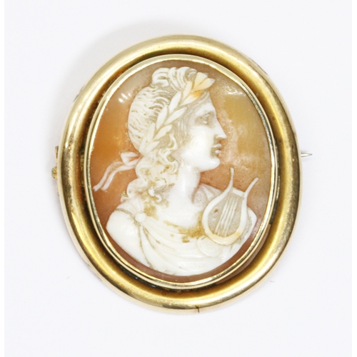 4 - A yellow metal mounted shell cameo brooch, unmarked, length 29mm, gross weight 5.1g.