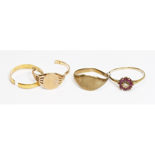 43 - A group of four broken gold rings comprising one 22ct, weight 1.3g, a hallmarked 9ct gold signet rin... 
