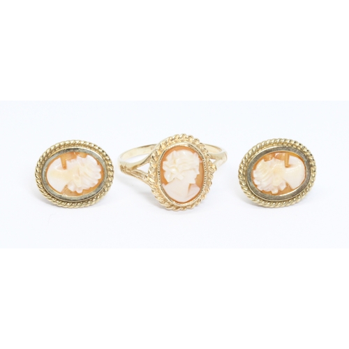 8 - Hallmarked 9ct gold shell cameo ring, size K/L, and  similar earrings, gross weight 4.2g.