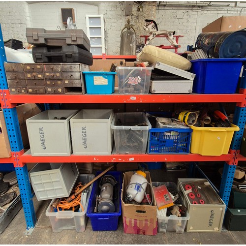 3 shelves of garage wares to include barge ware coal scuttle, bench ...