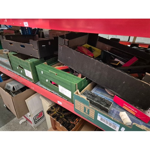 6 boxes of model railway including rolling stock, locos, buildings and ...