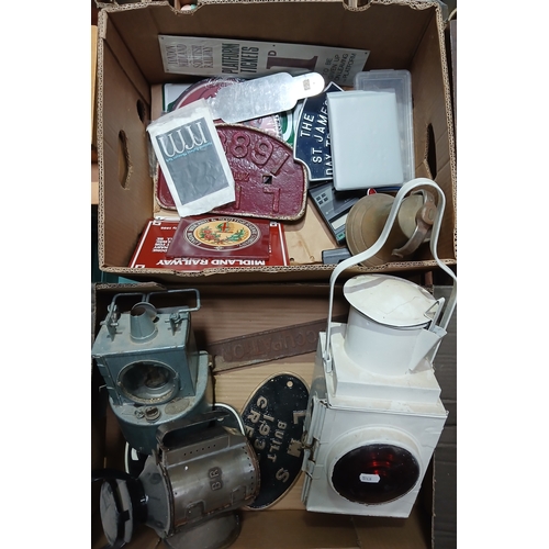 190D - Two boxes of railway collectables including cast metal plates, lamps etc.
